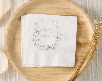 Wildflower Baby Shower Napkins, A Little Wildflower Is On The Way Decor, Floral Baby Shower Personalized Cocktail Napkins, Girl Baby Shower