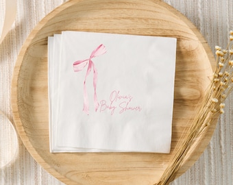 Pink Bow Baby Shower Decor, Coquette Baby Shower Personalized Cocktail Napkins, Custom Pink Bow Baby Shower Napkins, Blush Pink Baby Shower