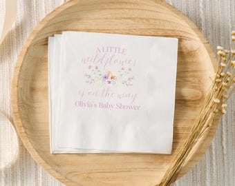 Wildflower Baby Shower Napkins, A Little Wildflower Is On The Way Decor, Floral Baby Shower Personalized Cocktail Napkins, Girl Baby Shower
