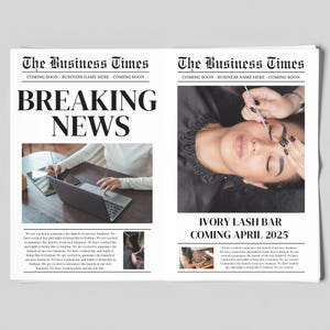 以下が含まれることがあります： 2025年4月にオープンする「アイボリーラッシュバー」という新しいまつげサロンの新聞広告。広告には、まつげエクステを受けている人の写真が掲載されています。