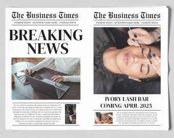 Business Announcement Newspaper, Business  Launch Sign, Branding Photoshoot Prop, Custom Editable Canva Template, Lash Tech, Hair Nail Salon