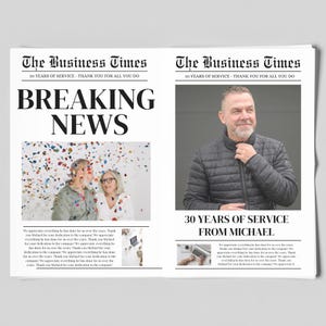 Work Anniversary Gift, Employee Anniversary Newspaper Template, Custom Year, Thank You Gift For Boss, Coworker Gift, Custom Editable Canva