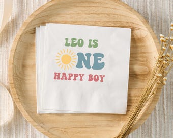One Happy Boy Birthday Decor, Personalized Cocktail Napkins, Sunshine First Birthday Supplies, Colorful Sun Boy 1st Birthday Party, Custom