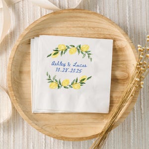 Custom Amalfi Coast Cocktail Wedding Napkins, Personalized Rehearsal Dinner Cocktail Napkins, Engagement Party, Lemon Bridal Shower Decor
