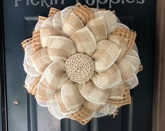 Beige Cream Buffalo Check Door Wreath, Farmhouse Decor, Summer Wreath, Spring Wreath, Poly Burlap, Front Door Wreath, Buffalo Plaid