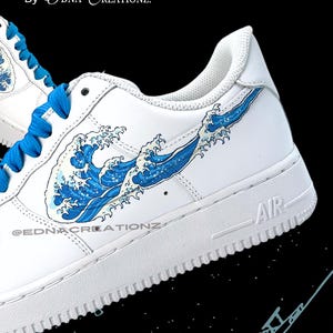 Blue Japanese Wave Custom Nike Air Force 1 Sneaker inspired by The Great Wave off Kanagawa minimalist stylish design
