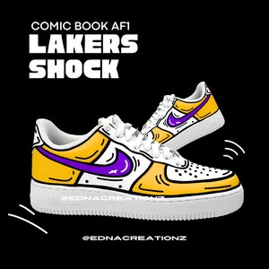 Zapatillas Nike Airforce 1 personalizadas, pintadas a mano, de cómics, con dibujos animados, en amarillo y morado, de los Lakers, regalo para amantes del baloncesto, arte para vestir.