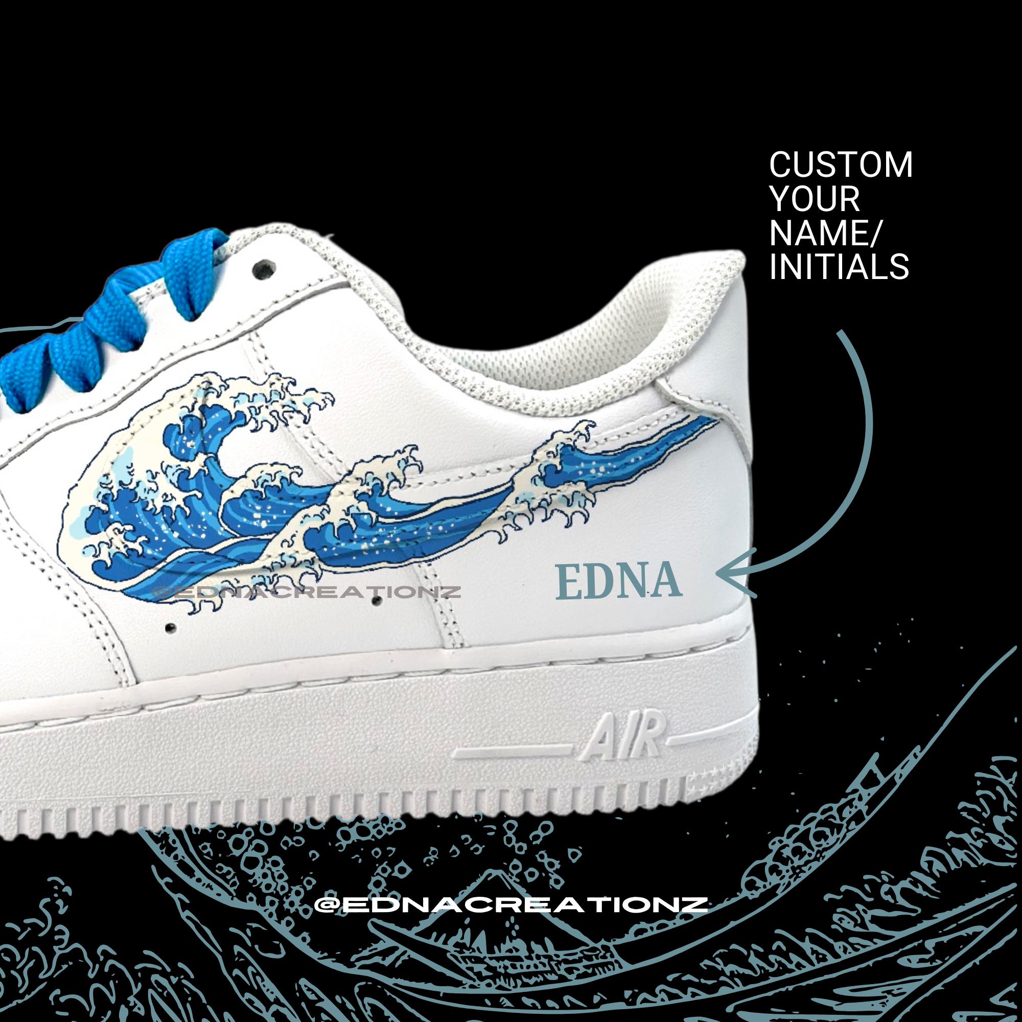 アート・デザイン・音楽 A BOOK OF RARE & EXQUISITE NIKE SNEAKERS Blue Japanese Wave Custom Nike Air Force 1 Sneaker Inspired by the