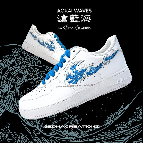 Blue Japanese Wave Custom Nike Air Force 1 Sneaker Inspired by the