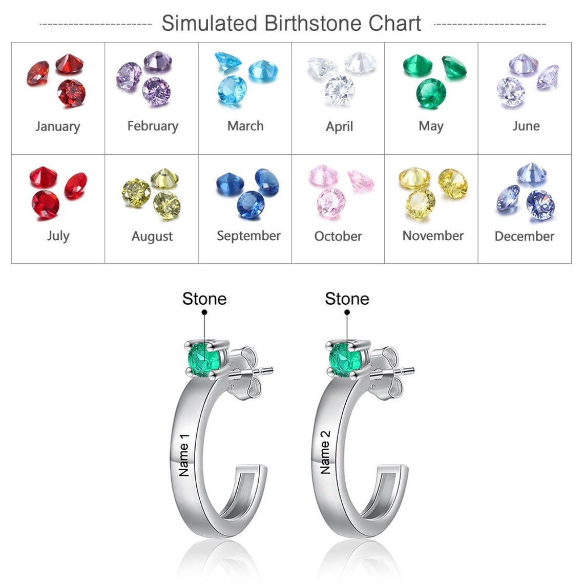 Personalized Birthstone Earrings Silver Name Earring Custom Etsy