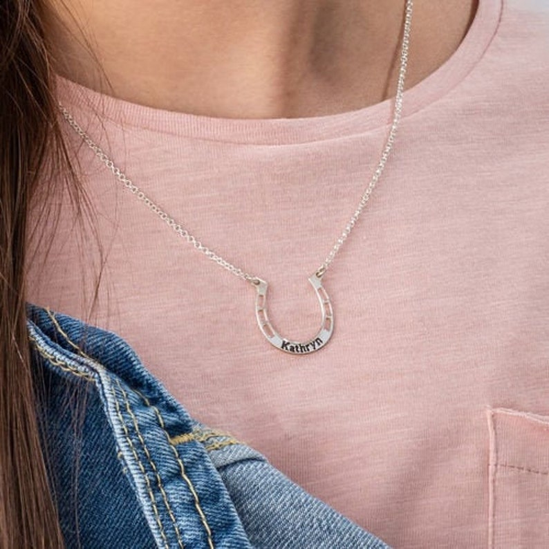 Horse Memorial Horse Necklace Gift Lucky Necklace Personalized Dainty Engraved Horse Shoe Pendant Horseshoe Necklace in Sterling Silver