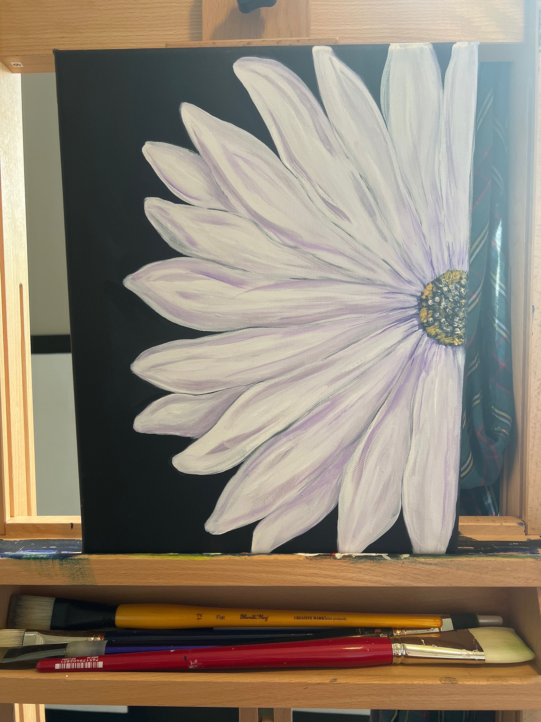 Daisy on Black Background / Daisy Art / Floral Painting / Acrylic