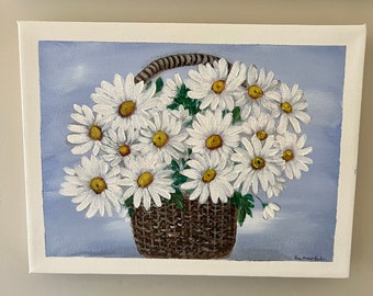 Handmade Daisy Basket Acrylic Painting on 12x9 Canvas