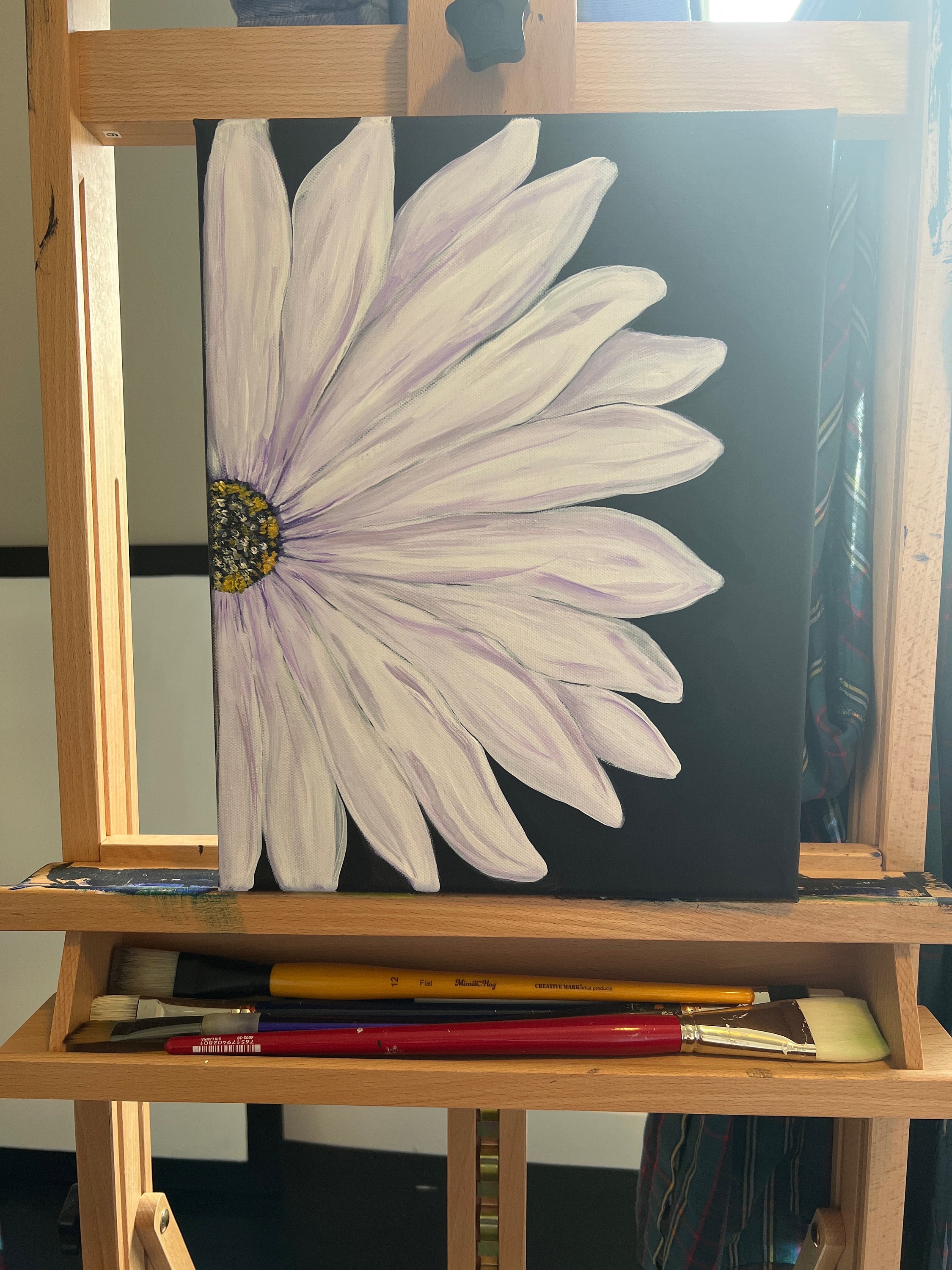 Daisy on Black Background / Daisy Art / Floral Painting / Acrylic