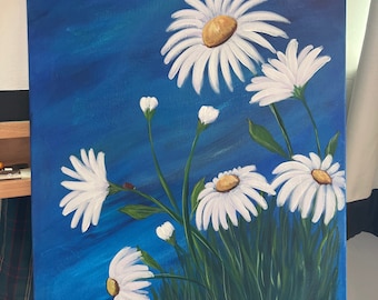 Daisies with Ladybug Acrylic Painting on Stretched 16x20 Canvas, Handmade Wall Art