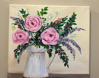 Rustic Floral Acrylic Painting: Handmade Flower Art on 10x10 Canvas