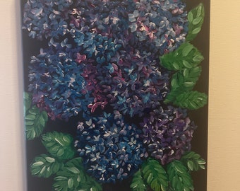 Hydrangeas on Black Canvas / Floral / Stretched Canvas / Floral Art / 16x12
