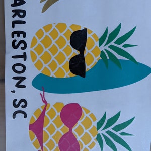 May include: Three pineapple designs with different accessories. The top pineapple has a gold crown, the middle pineapple has sunglasses and is on a blue surfboard, and the bottom pineapple has pink sunglasses. The text "CHARLESTON, SC" is on the left side of the image.