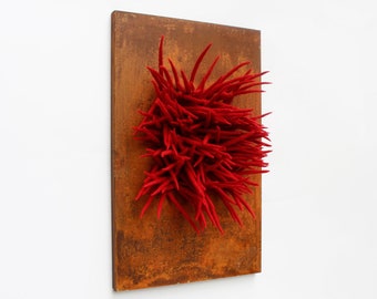 Textured wall art, 3d wall art, Modern Wall sculptures, Orange Rust metal and red felted wool wall art | Brutalist Dimensional Sculpture