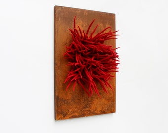 3d wall art, Modern 3d sculptures, Rust metal wall art, Modern textured wall art, Felted abstract wall art, Red fiber art, Dimensional art