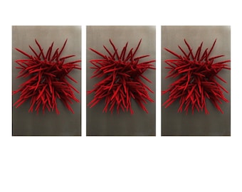 Abstract 3d wall art, Large Dimensional wall art, Contemporary sculpture in red, Textured wall art set of 3, Wall sculpture, Large fiber art