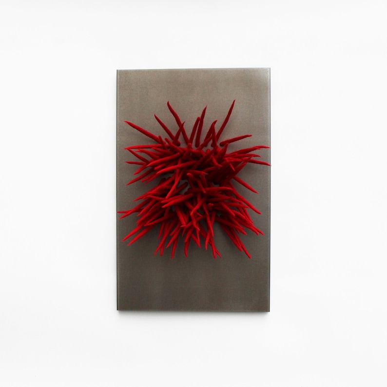 Set von 3 modernen roten Wandskulptur, 3D-Faser-Wandkunst, gefilzte Wolle Wandkunst, Statement Wandkunst, zeitgenössische Kunst, Loft-Wand-Dekor Bild 6