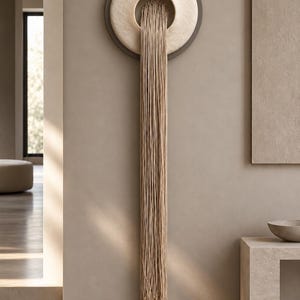 May include: A wall-mounted circular sculpture featuring a dark gray outer ring and a textured off-white inner circle. A long, dense cascade of beige fiber cords hangs vertically from the center opening, extending downward toward the floor.