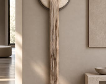 Könnte beinhalten: Eine wandmontierte kreisförmige Skulptur mit einem dunkelgrauen Außenring und einem strukturierten cremeweißen Innenkreis. Ein langer, dichter Wasserfall aus beigen Faserkordeln hängt vertikal aus der mittleren Öffnung nach unten.