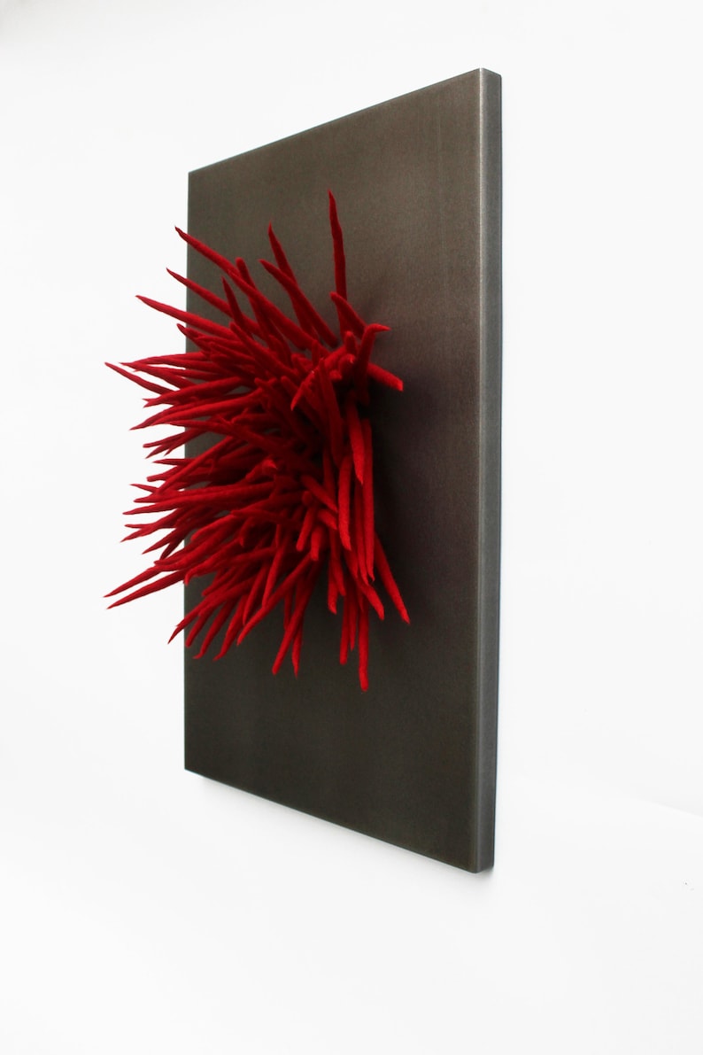 Set von 3 modernen roten Wandskulptur, 3D-Faser-Wandkunst, gefilzte Wolle Wandkunst, Statement Wandkunst, zeitgenössische Kunst, Loft-Wand-Dekor Bild 9