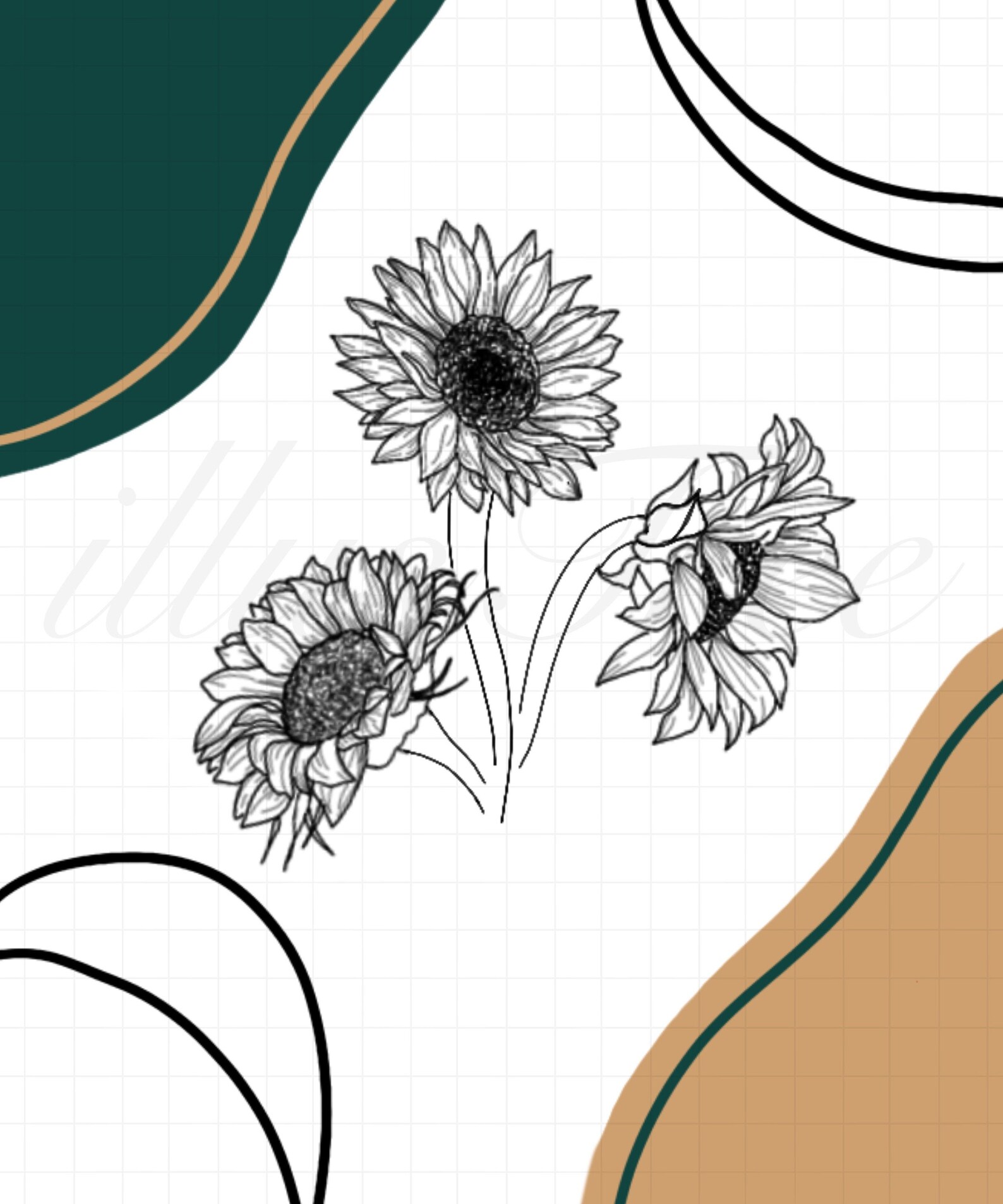 Minimalist sunflower wall print Green wall print Line art Etsy