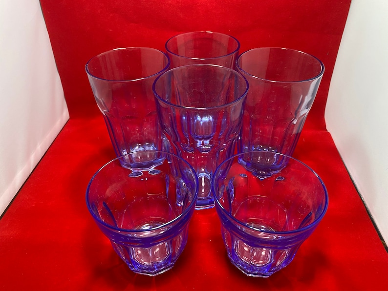 Made in Turkey Pasabahce Whiskey Glasses Double Old Fashioned Drinking Glasses 6 Piece Set of Vintage Blue Tint Glasses