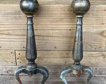 Antique Colonial Brass Andirons Ornamental Front | Vintage Cannonball Style Firedog | Traditional Fireplace Hearth Tools