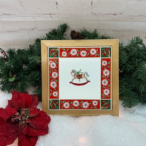 Christmas Trivet Rocking Horse Ceramic Tile in Wood Frame Hot Plate Pot Holder