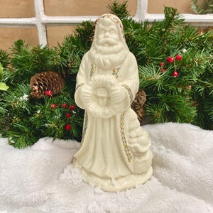 Porcelain Santa Statue Vintage Ceramic Figurine Christmas Decoration Wreath Ivory Gold Blue Teal