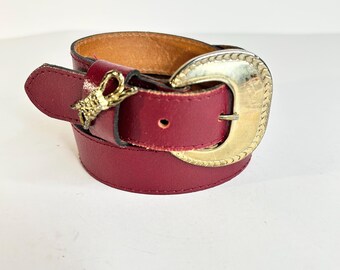 Vintage Burgundy Leather Belt: Rhinestone Horseshoe Buckle  display picture 3
