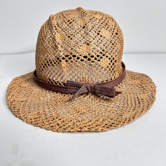 Vintage Straw Sun Hat With Brown Ribbon Bow | Open Weave  display picture 3
