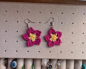Pink Flower Crochet Earrings, handmade earrings, hook earrings, crochet earrings