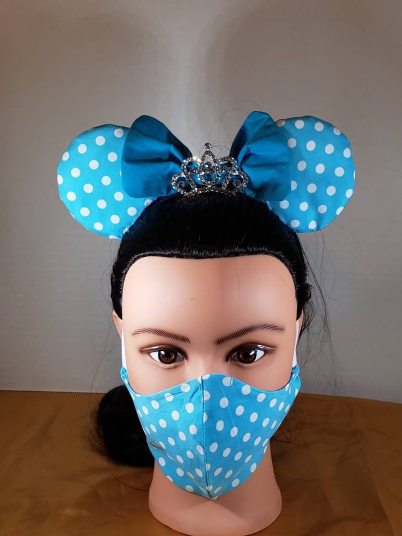 Blue Polka Dot Disney Princess Ears with Ear Saver and Matching Mask