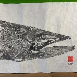 Original Gyotaku Fish Print - Barracuda Head - Unmounted