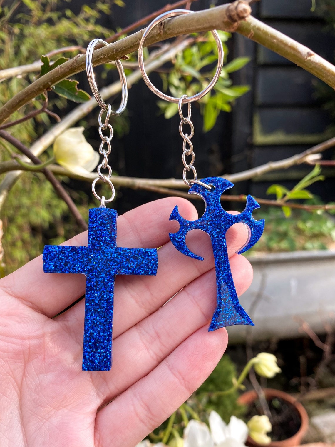 Handmade Custom Resin Cross Crucifix Resin Glittery Keychain Etsy