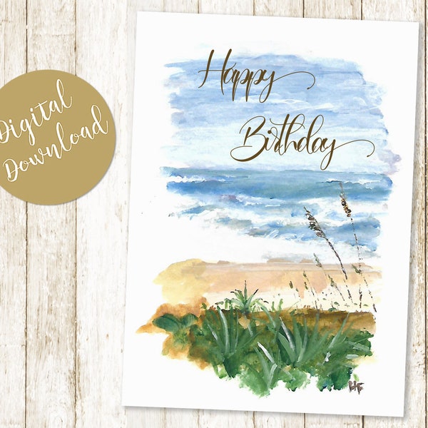 Beach Birthday card, Summer Birthday, Instant Download, Digital Art, Digital Download,
