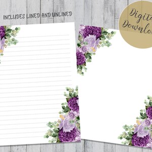 Lila geblümte Briefpapier, Rose Note Paper, hübsche Briefpapier, gefüttert und ungefüttert Notizpapier, sofortiger Download