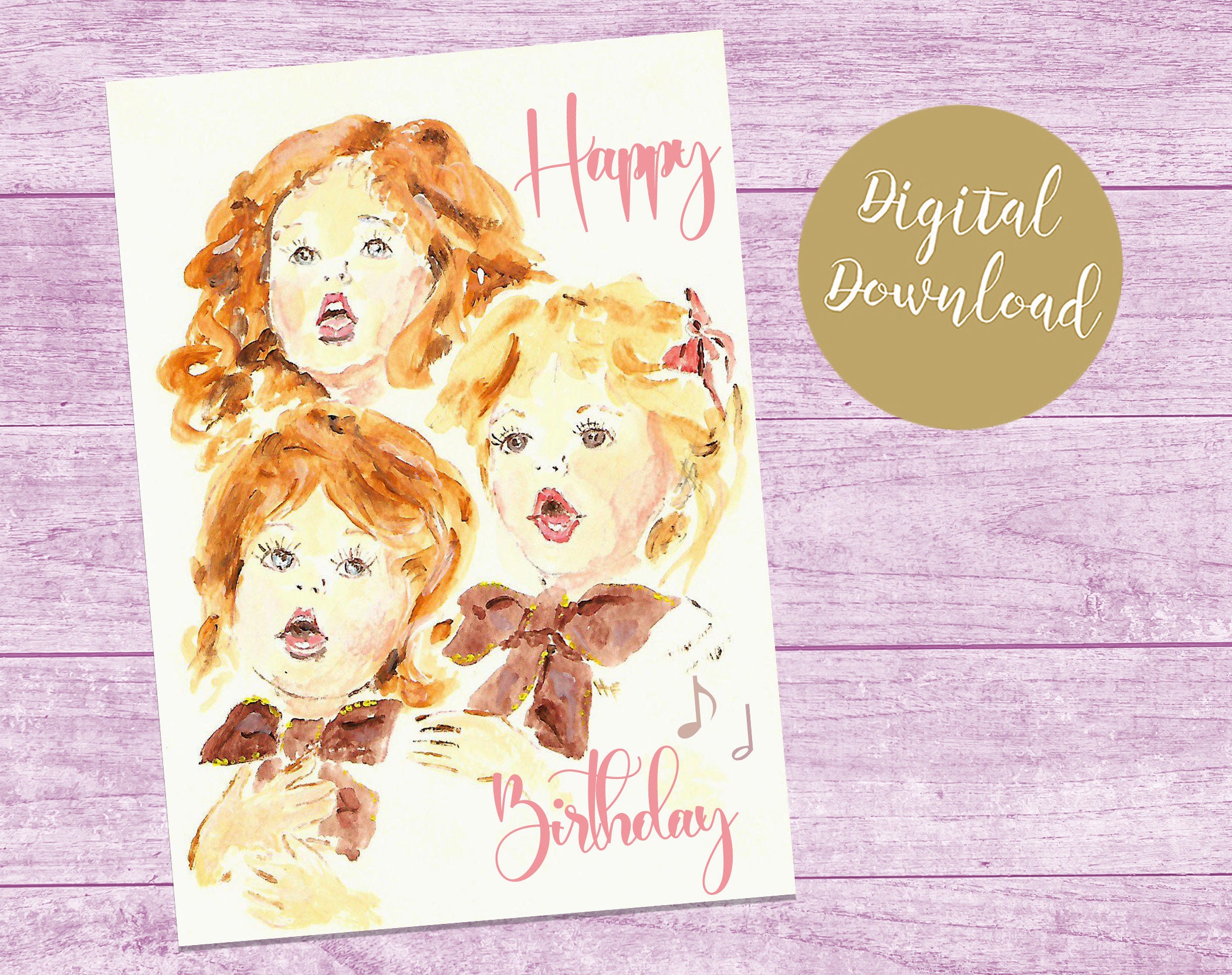 Girl Singers, Birthday Card, Download Instantly, Original Painting