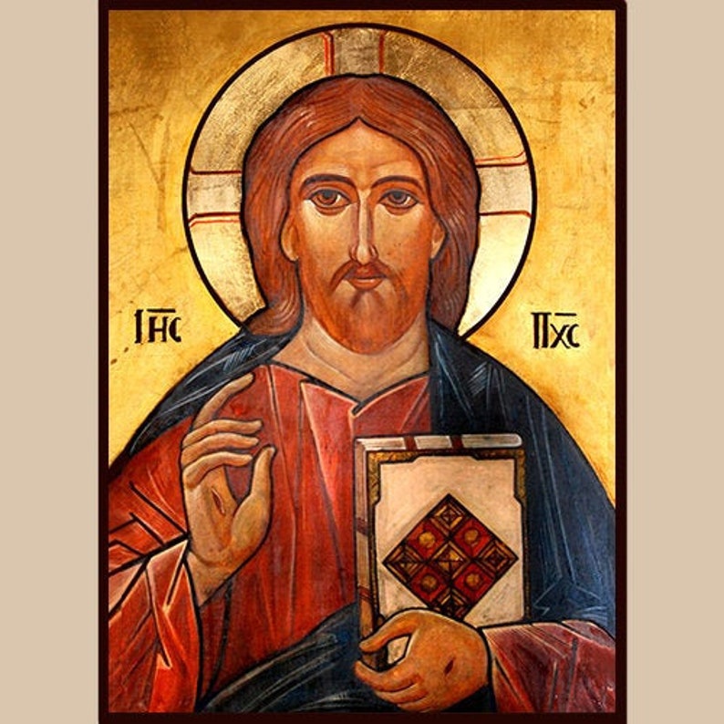 May include: A painting of Jesus Christ holding a book. He is depicted with a long, brown beard and hair. The background is a gold and red color with the text "IHC" and "IXC" on either side of Jesus.