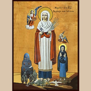 Pu&ograve; includere: Un'icona religiosa che raffigura Santa Barbara, una martire cristiana, con un'aureola e che tiene in mano un ramo di palma. L'icona &egrave; dipinta in uno stile tradizionale con colori vivaci, tra cui rosso, blu e oro. Il testo "N&iota;&chi;&epsilon;&lambda;&epsilon;&tau; &eta;&tau;&epsilon; &Pi;&chi;&sigmaf; &Beta;&alpha;&rho;&beta;&alpha;&rho;&alpha; &eta;&epsilon;&iota; &Iota;&omega;&alpha;&lambda;&alpha;&nu;&alpha;" &egrave; scritto nella parte superiore dell'icona.