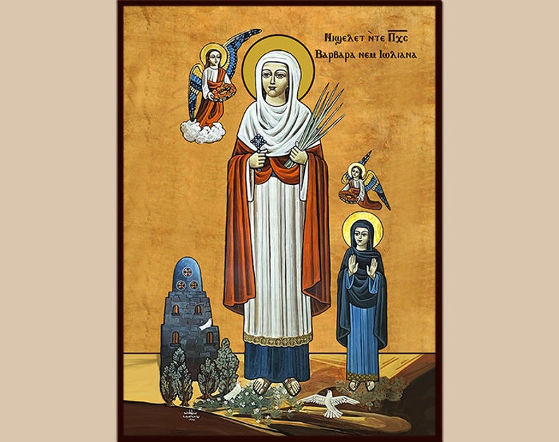 Pu&ograve; includere: Un'icona religiosa che raffigura Santa Barbara, una martire cristiana, con un'aureola e che tiene in mano un ramo di palma. L'icona &egrave; dipinta in uno stile tradizionale con colori vivaci, tra cui rosso, blu e oro. Il testo "N&iota;&chi;&epsilon;&lambda;&epsilon;&tau; &eta;&tau;&epsilon; &Pi;&chi;&sigmaf; &Beta;&alpha;&rho;&beta;&alpha;&rho;&alpha; &eta;&epsilon;&iota; &Iota;&omega;&alpha;&lambda;&alpha;&nu;&alpha;" &egrave; scritto nella parte superiore dell'icona.