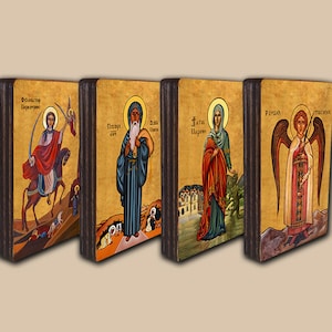 Set of 4 icons, Archangel Rafael, St. Mercurius, St. Marina and St. Moses the strong
