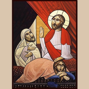 May include: A religious icon depicting Jesus Christ with a halo, wearing a red and white robe, with his hand raised in blessing. He is seated next to a woman with long brown hair, wearing a blue and white robe, who is lying down. A man with a white beard and white robe is standing behind Jesus.