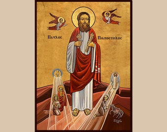 May include: A religious icon depicting Saint Paul, a prominent figure in Christianity. The icon features Saint Paul standing with a book in his hand, surrounded by angels and other figures. The icon is painted in a traditional style with vibrant colors and intricate details.