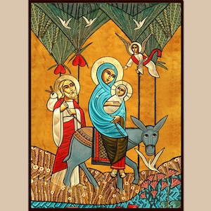 Peut inclure: Une peinture d'icône religieuse représentant le voyage de Marie, Joseph et le bébé Jésus sur un âne. La peinture est réalisée dans un style traditionnel avec des couleurs vives et des lignes audacieuses. Marie porte une robe bleue et tient le bébé Jésus. Joseph porte une robe rouge et tient un bâton. L'âne est gris et a une selle. L'arrière-plan est un paysage jaune avec des palmiers et des oiseaux.